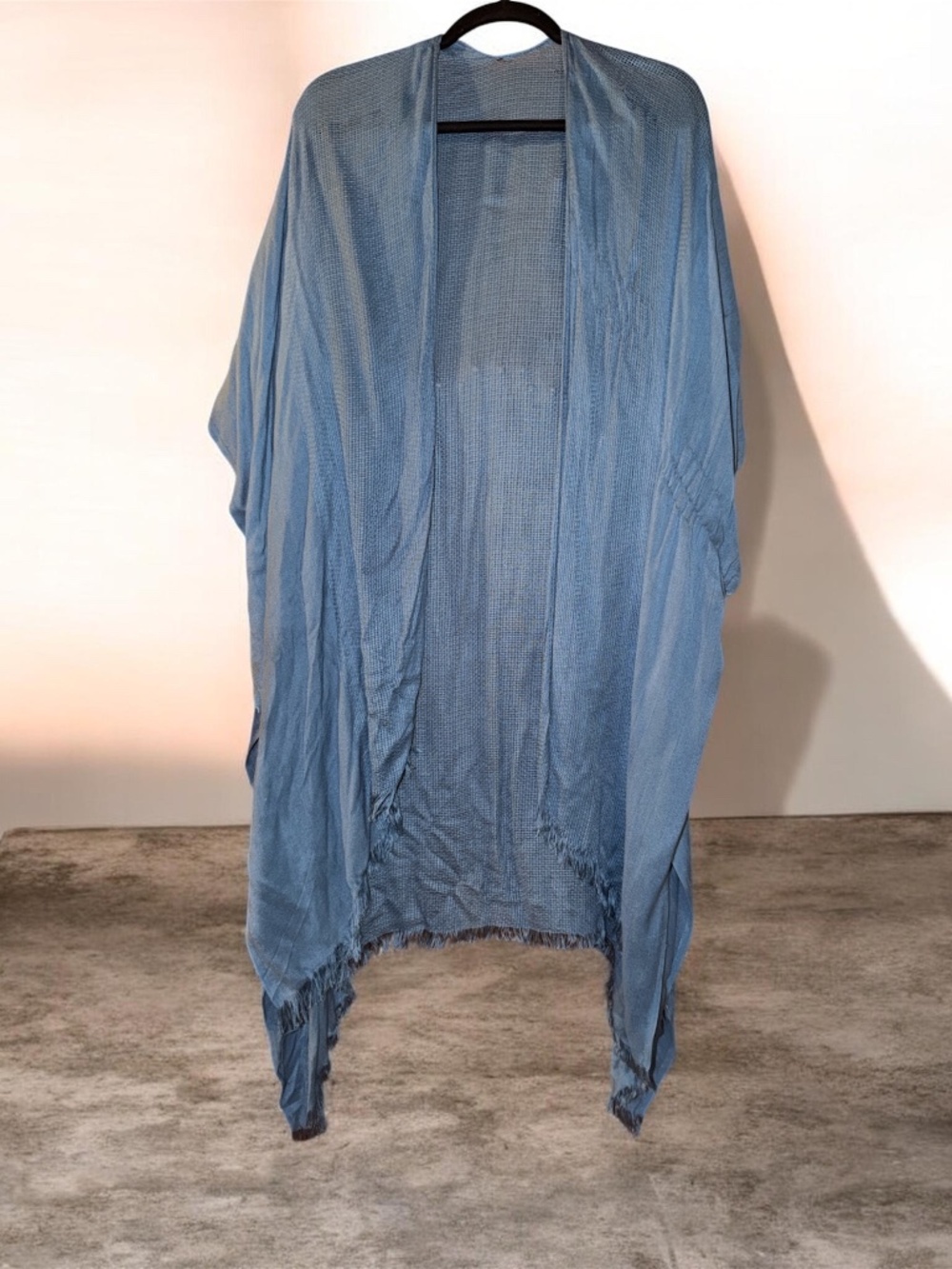 Vintage blue sheer kimono style poncho with fringe hem